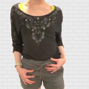 Free People Women’s Washed Black Jewel Rhinestone Y2K Style Distressed Blouse S
